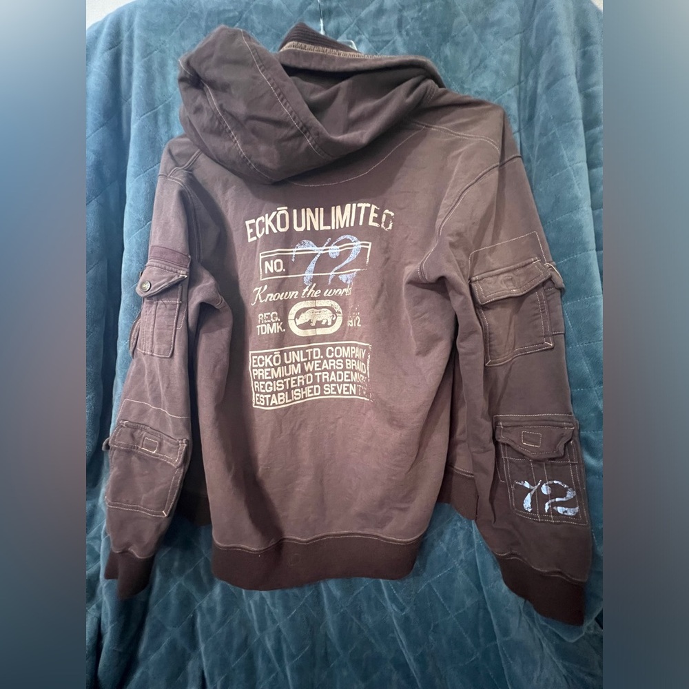 Men's Vintage Ecko Zip Hoodie with Arm Pocket Details in Brown Size XL - Picture 6 of 6